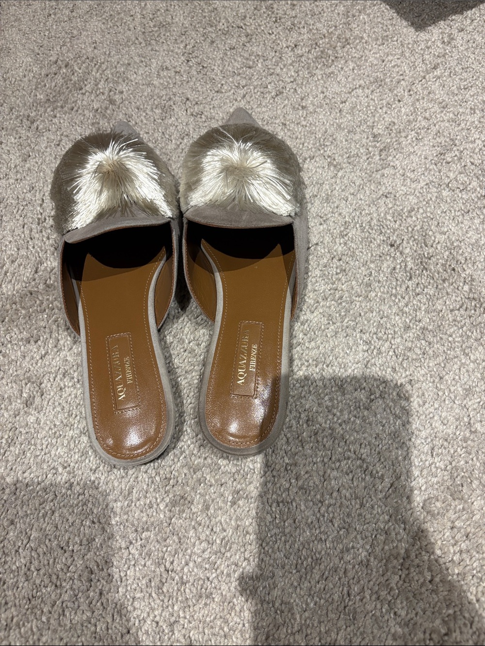 Aquazzura Taupe Suede Pointed Mules with Fur Pom - Picture 3 of 4
